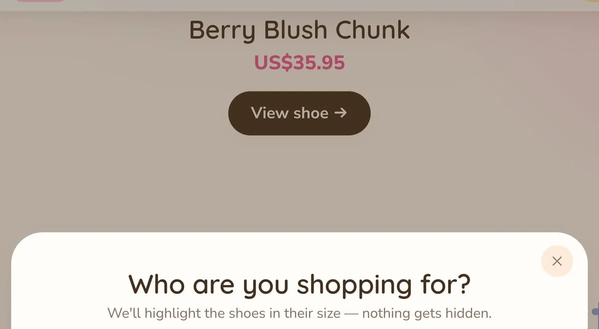 A dialogue asking who you are shopping for, offering baby, toddler and big-kid size brackets