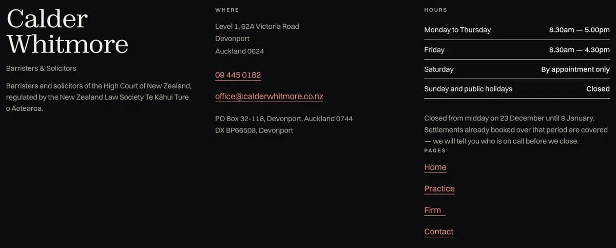 The footer showing address, hours, regulatory statement and complaints information