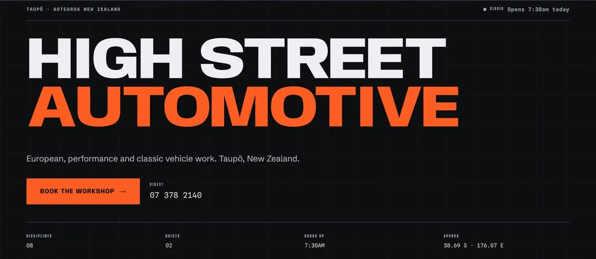 The High Street Automotive hero: the name in heavy display type on black