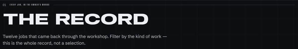 A section headed The Record, listing jobs the workshop has completed