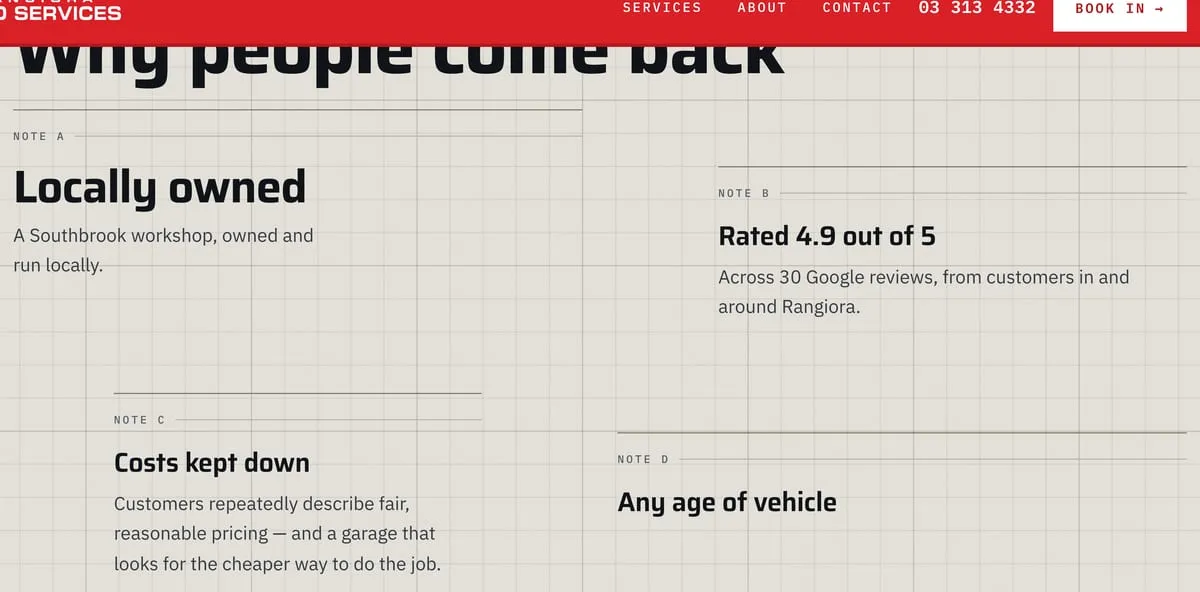 A section headed Why people come back, listing local ownership and reviews