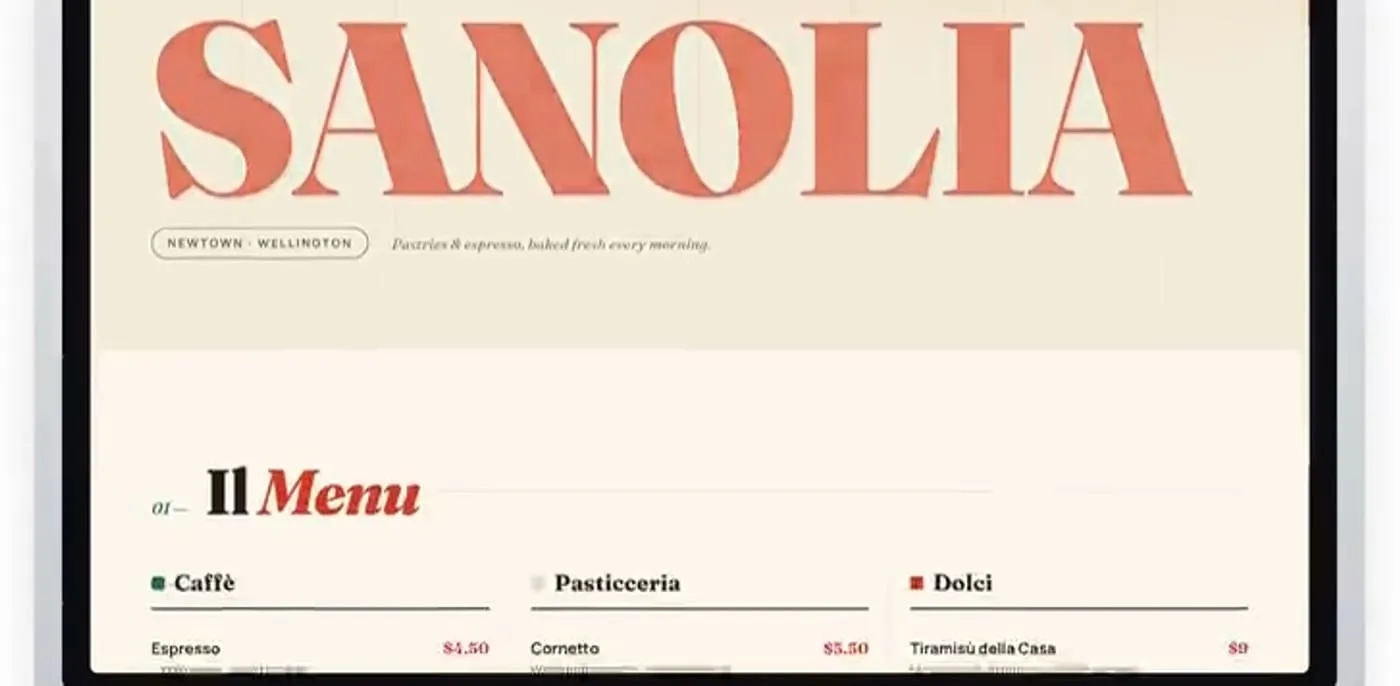 The menu section laid out in three columns: Caffè, Pasticceria and Dolci