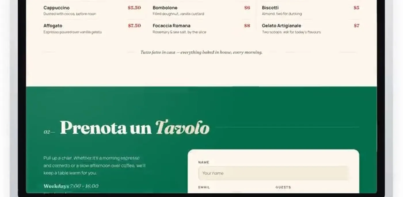 A reservation form headed Prenota un Tavolo on a green field, below the menu prices