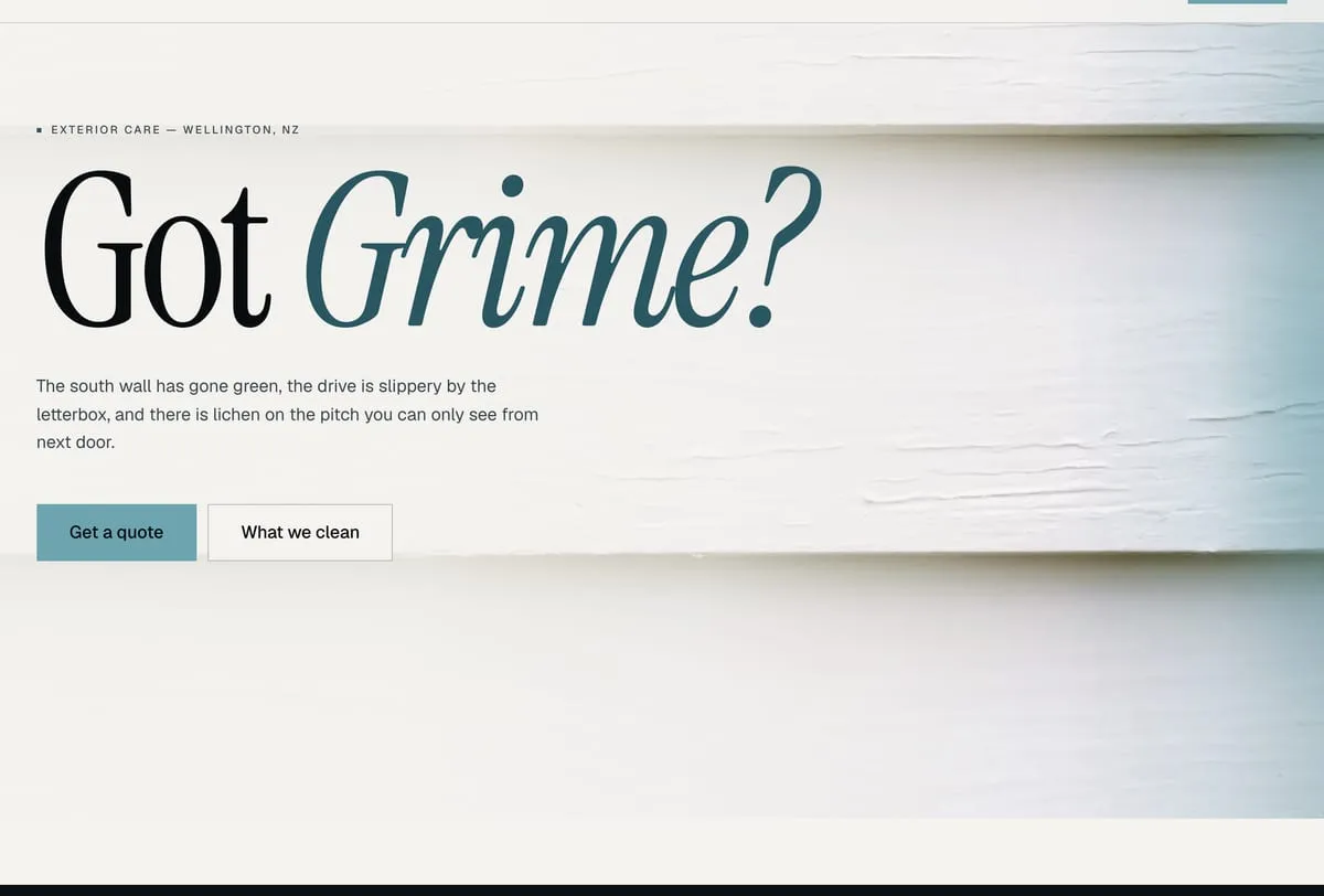 The Southerly hero: a mossy wall behind the words Got Grime, with a quote button beneath