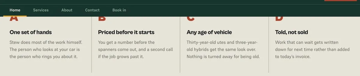 Four short promise columns explaining how the workshop operates
