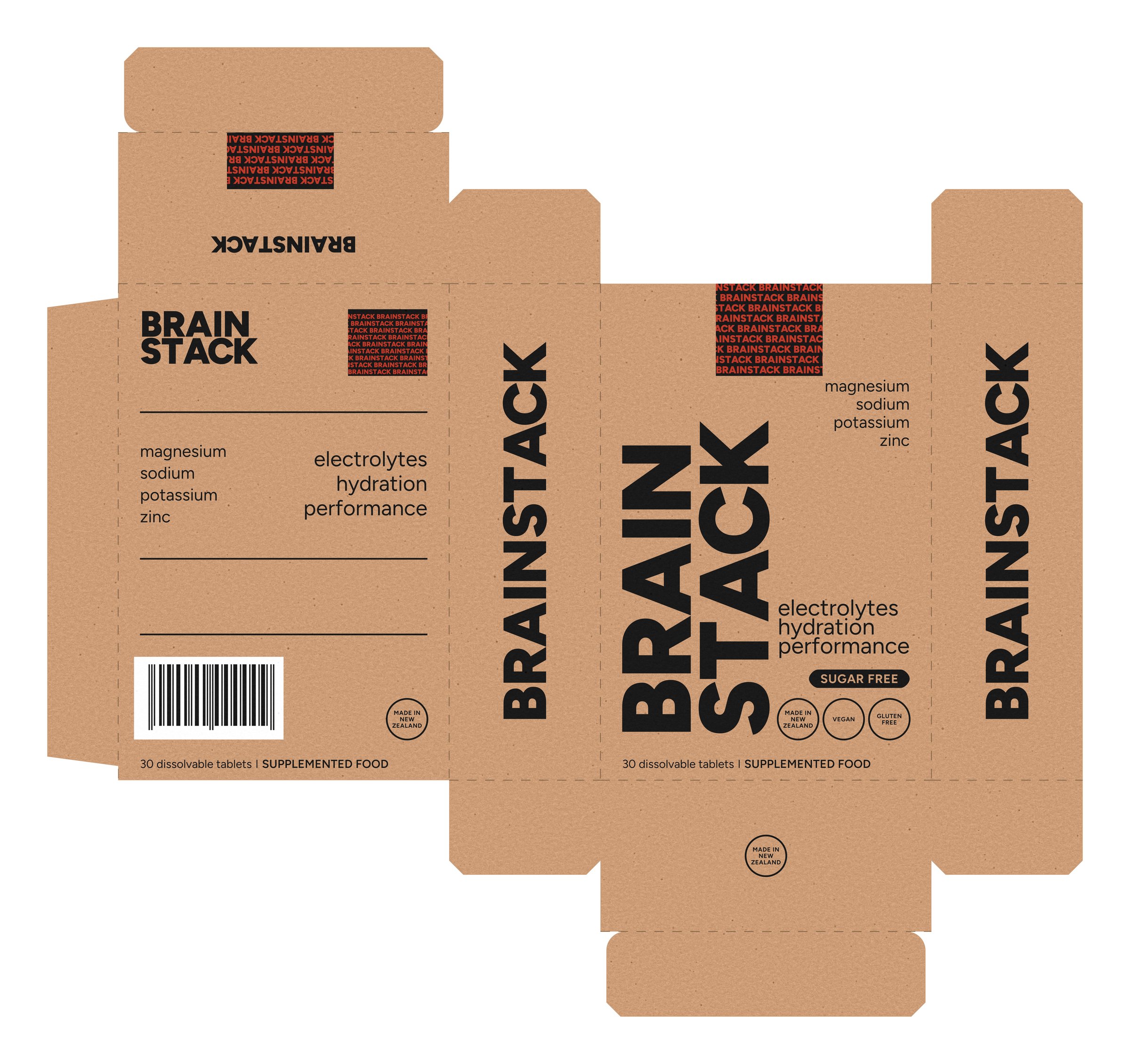 The Brainstack carton net, unfolded, with the black and red artwork applied to every panel on kraft board
