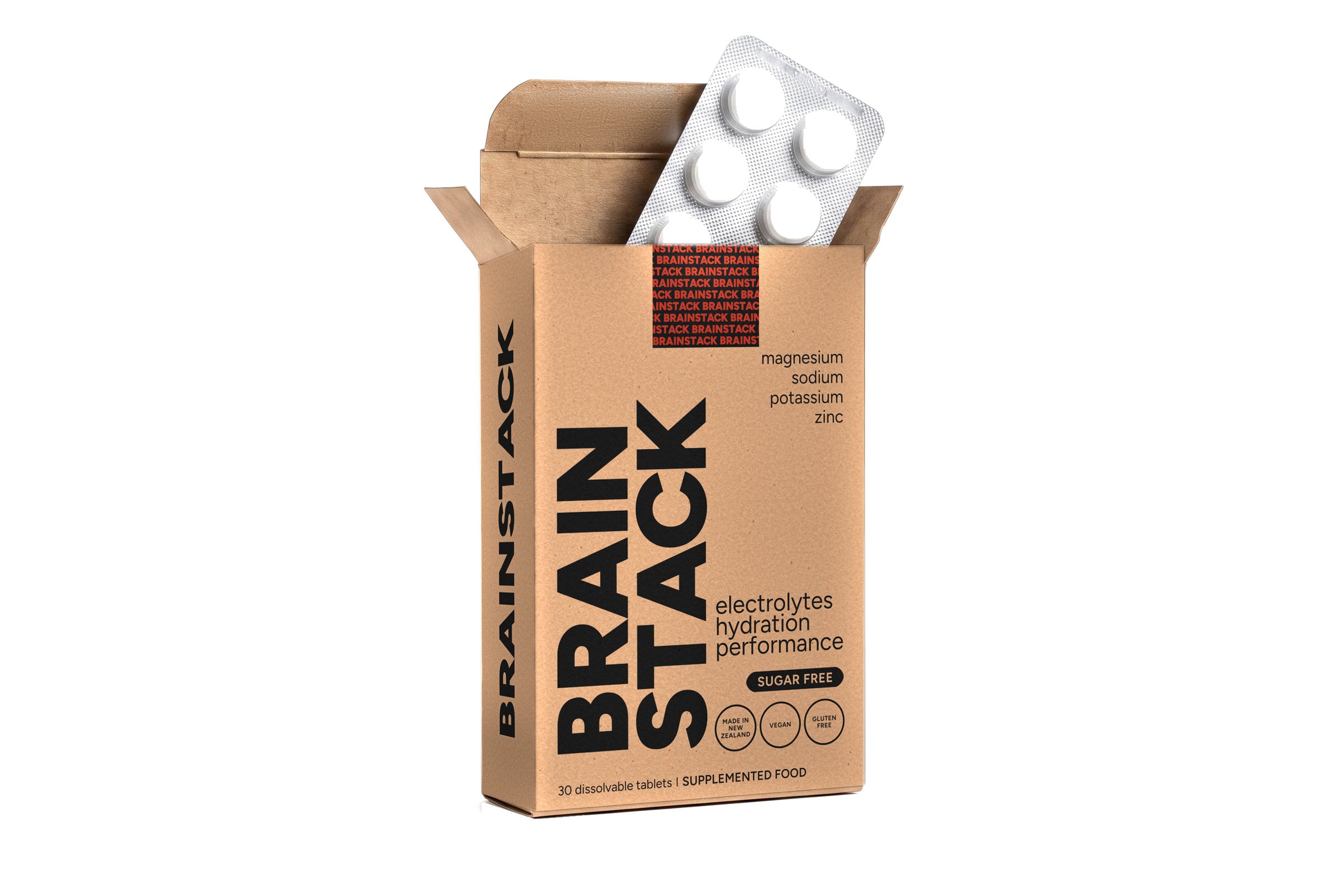 The Brainstack carton open, a foil blister of tablets rising out of the mouth