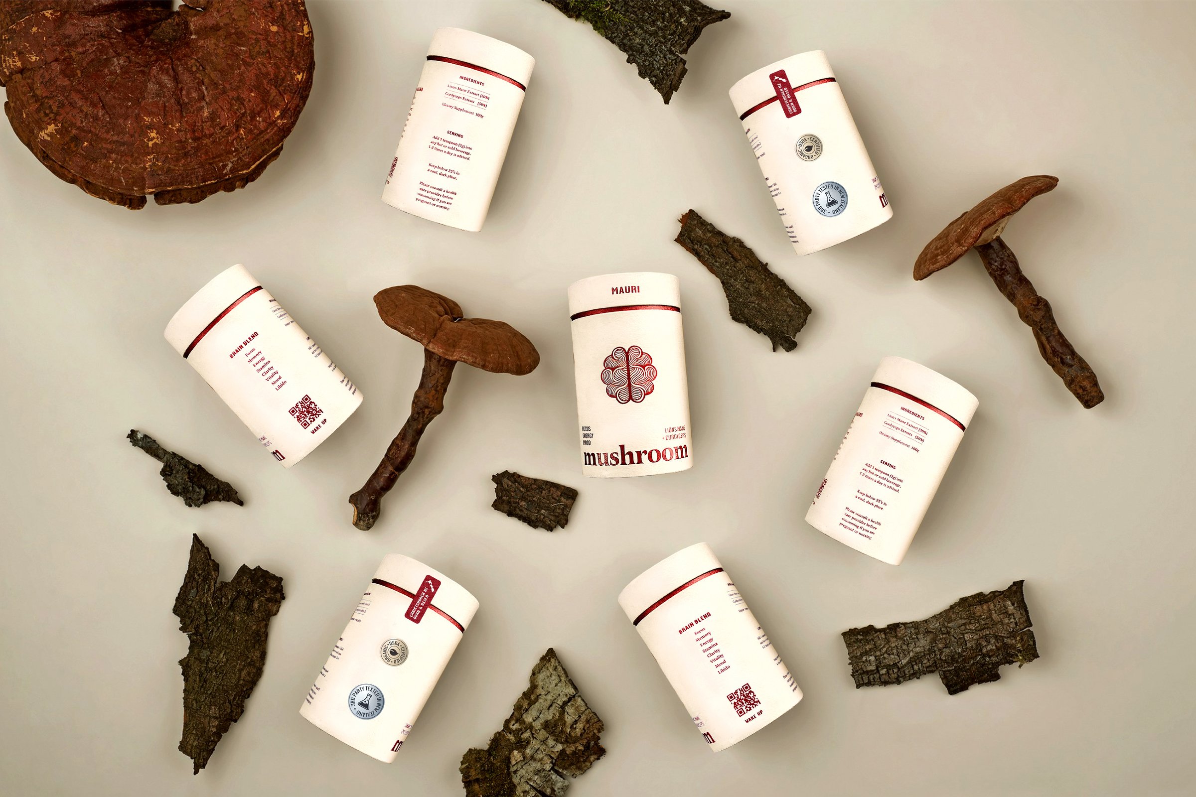 The Mauri range laid out among dried mushrooms