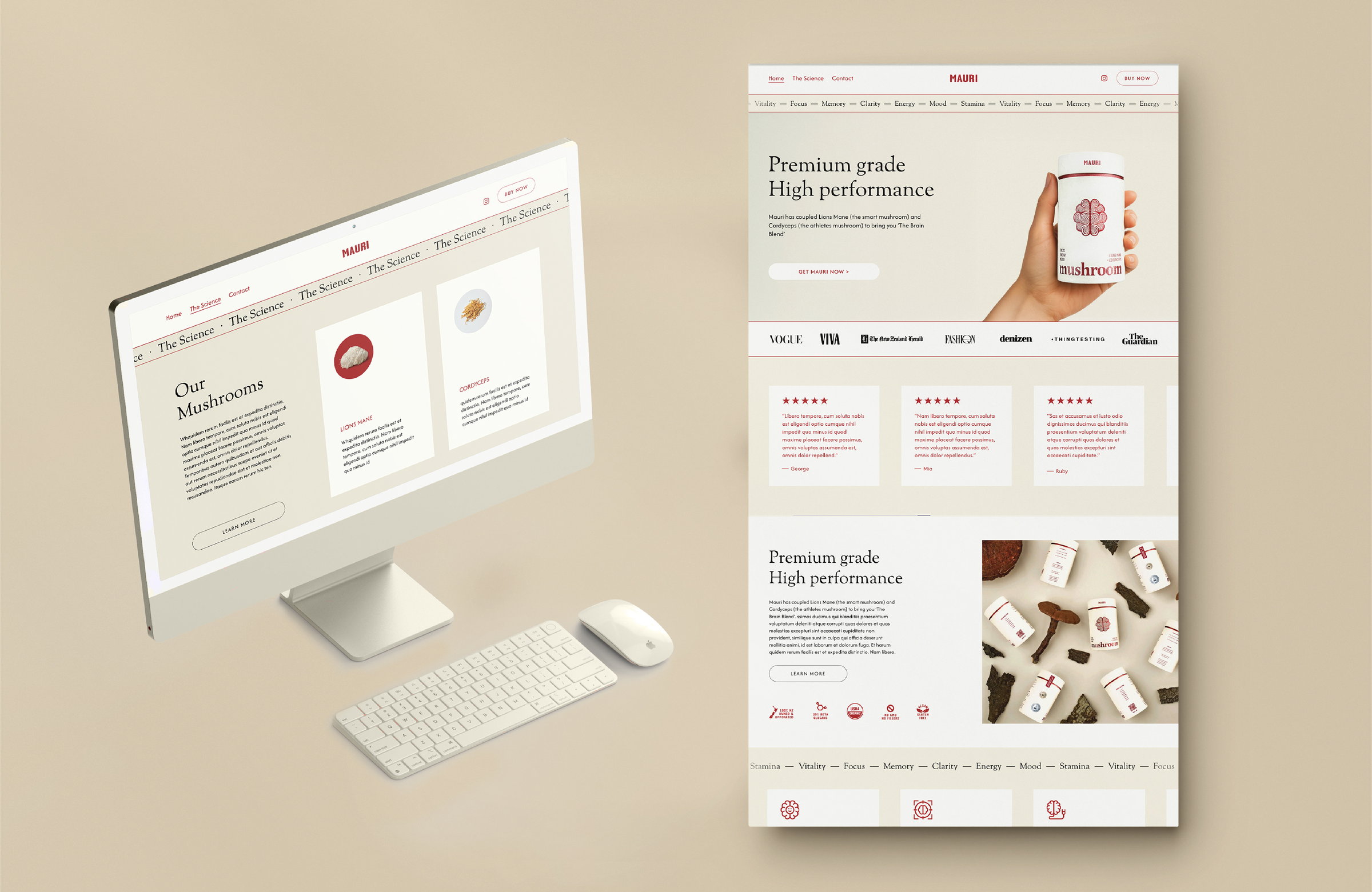 The Mauri website shown on a desktop monitor beside a long-scroll page layout